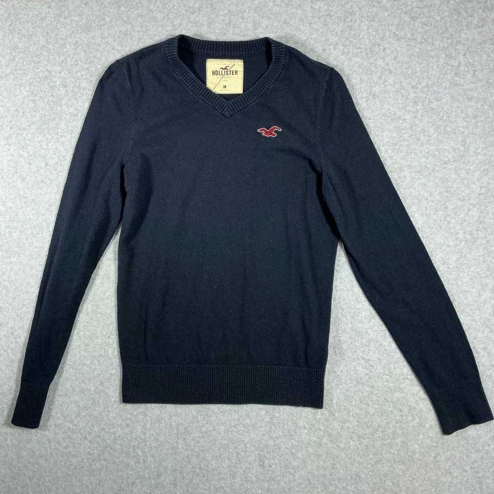 Hollister Mens V-Neck Sweater Navy Blue Long Sleeve Logo Knit Size M